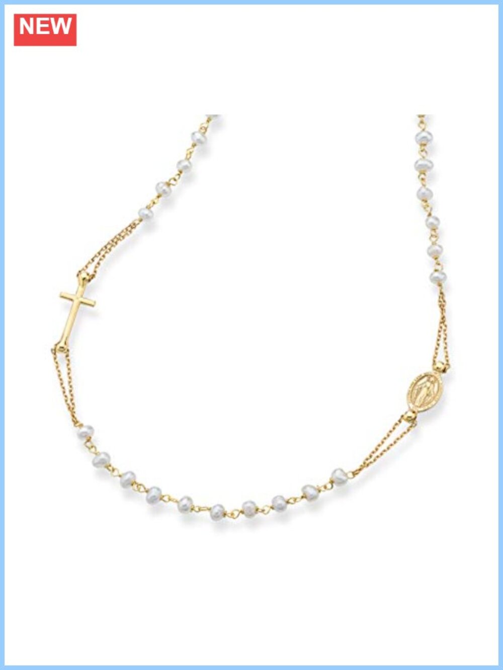 18K Gold Plated 925 Sterling Silver Pearl Rosary Cross Necklace